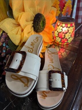 Sam Edelman White Slide Mules with Tortoiseshell Buckles